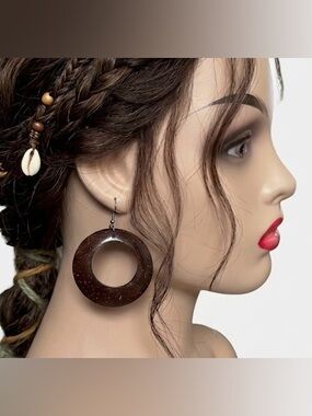 Boho Chic Dark Wood Round Hoop Earrings